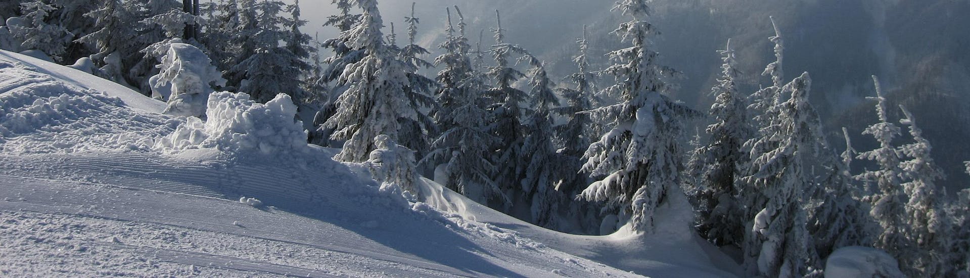 Ein Blick über die schneebedeckte Skipiste im Skigebiet Lackenhof-Ötscher in Niederösterreich, wo Skifahrer bei einer der örtlichen Skischulen einen Skikurs buchen können.