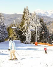 Two skiers are skiing down one of the ski slopes in the ski resort of Semmering, where visitors can book ski lessons with the local ski schools.