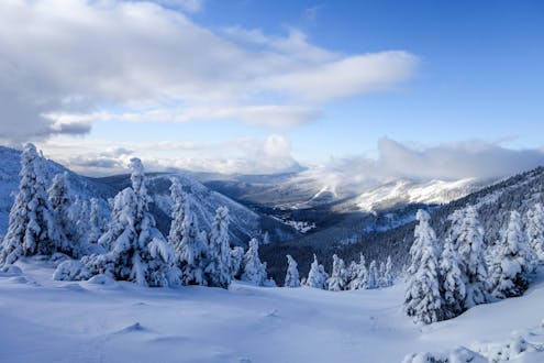 Winter landscape in Špindlerův Mlýn, where ski school offer their ski lessons. 