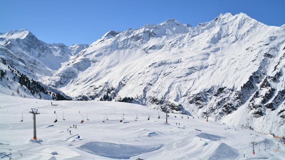 A view of the ski slopes in St. Anton, also known as the "cradle of alpine skiing", where local ski schools organise ski lessons for winter sports enthusiasts who want to learn to ski.