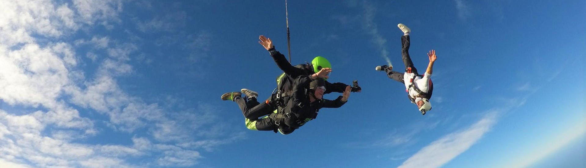 A tandem master is skydiving with a customer from over 6,000ft during a tandem skydive near Christchurch organized by Skydiving Kiwis.