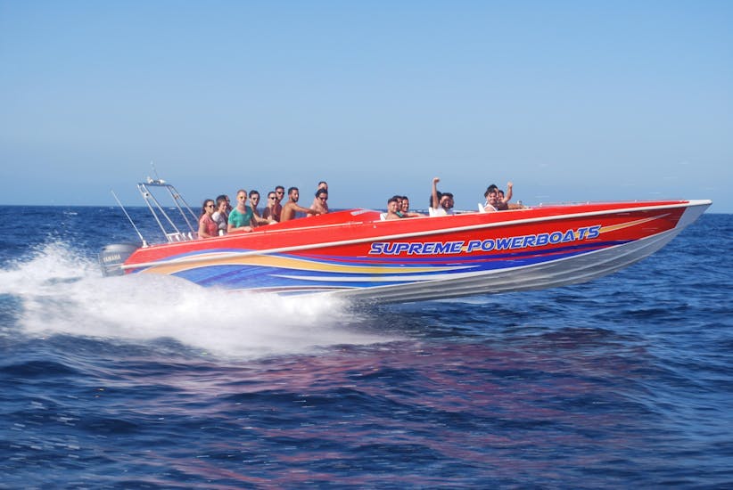 A picture of a speedboat from Supreme Powerboats Sliema on a tour to Comino Island.
