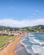 An aerial view of the beach in Zarautz, a popular place to go surfing in the Basque Country in Spain.