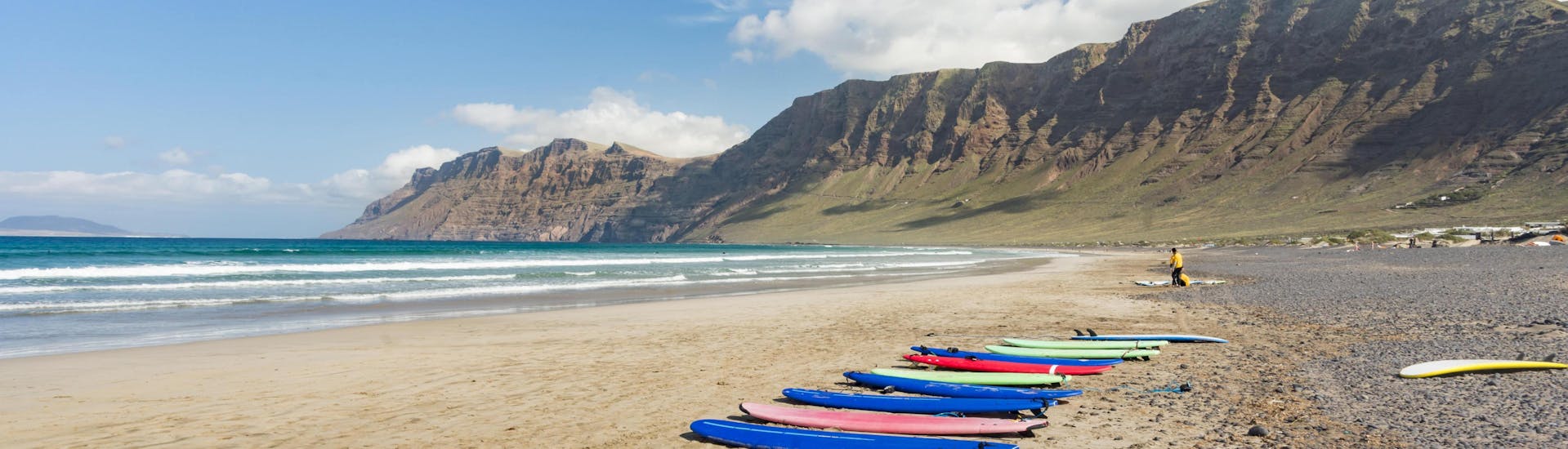 A set of surf boards is lined up on the beach for people to go surfing in Lanzarote.