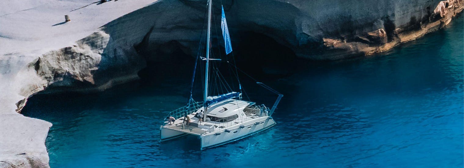 The Catamaran of Trinity Yachting Milos during a boat tip.