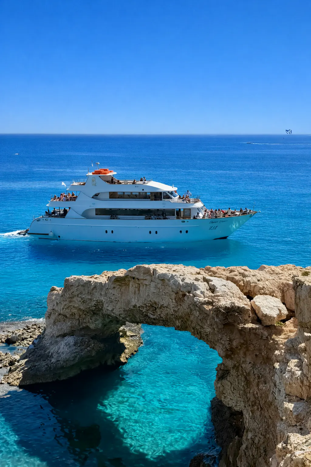 Yacht cruising near rocky arch Prachtige landschappen met bergen en zee, waar de ervaringen van Ocean Queen Ayia Napa plaatsvinden.