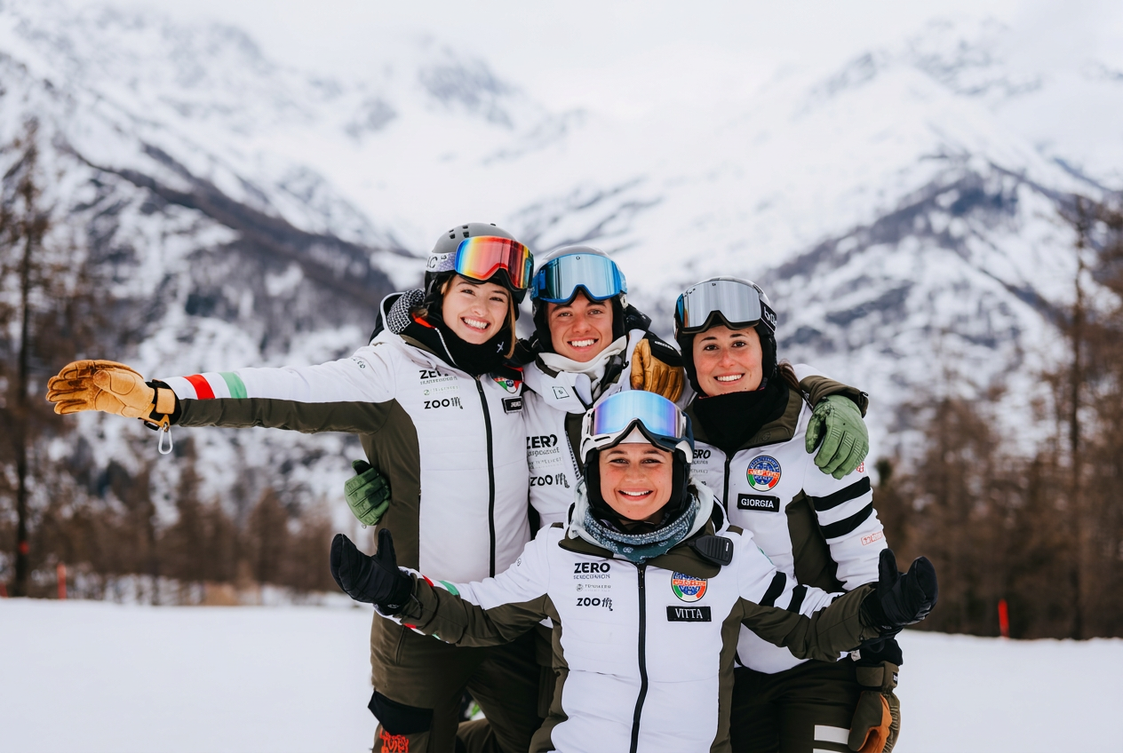 Quatre moniteurs souriants de l'école de ski Liberi Tutti posent ensemble en tenue de ski d'hiver devant un décor de montagne enneigée lors de cours de ski pour adultes de tous niveaux.
