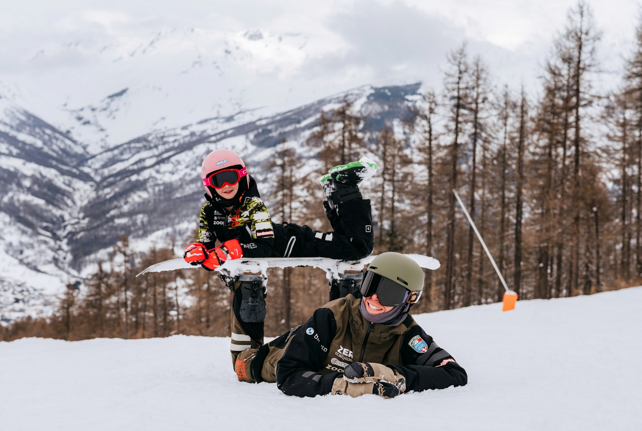 Un moniteur de snowboard et un jeune enfant jouent allongés sur la neige pendant des cours privés de snowboard pour enfants et adultes avec l'école de ski Liberi Tutti.