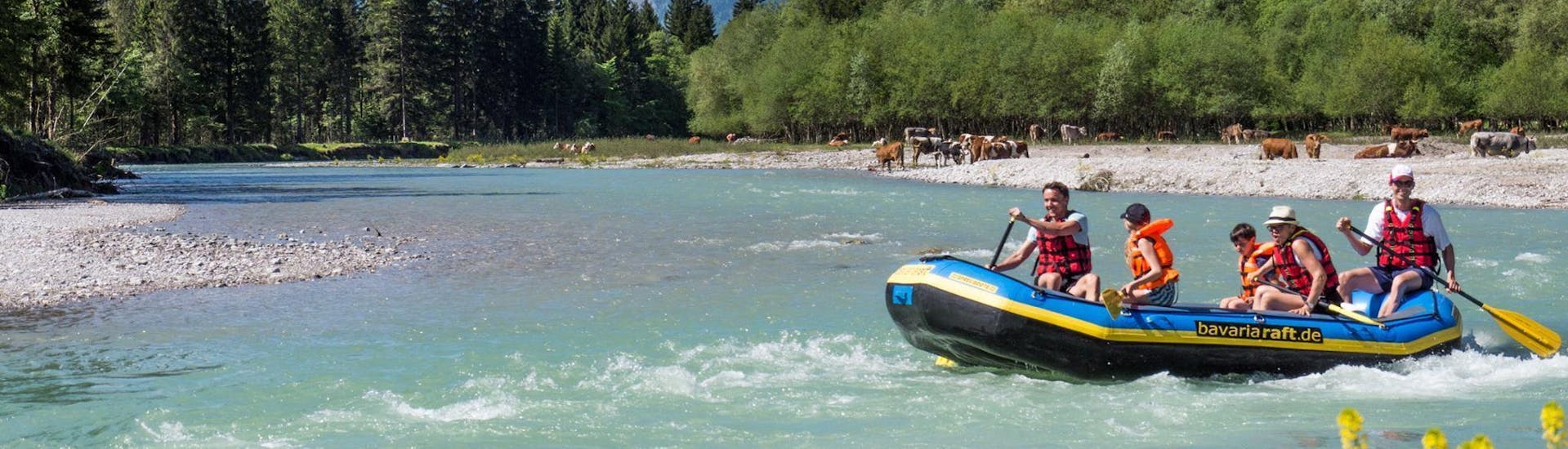 A family is rafting through the spectacular Bavarian landscape during the Soft Rafting for Groups (4+ ppl.) on the Loisach with Bavariaraft
