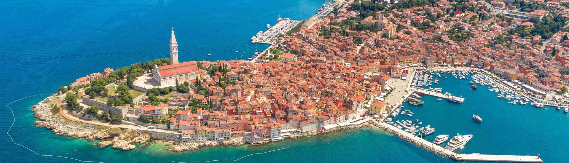 The city viewed from the sky where the Boat Trip from Vrsar to Rovinj and Lim Fjord with Lidija Tours Vrsar takes place.
