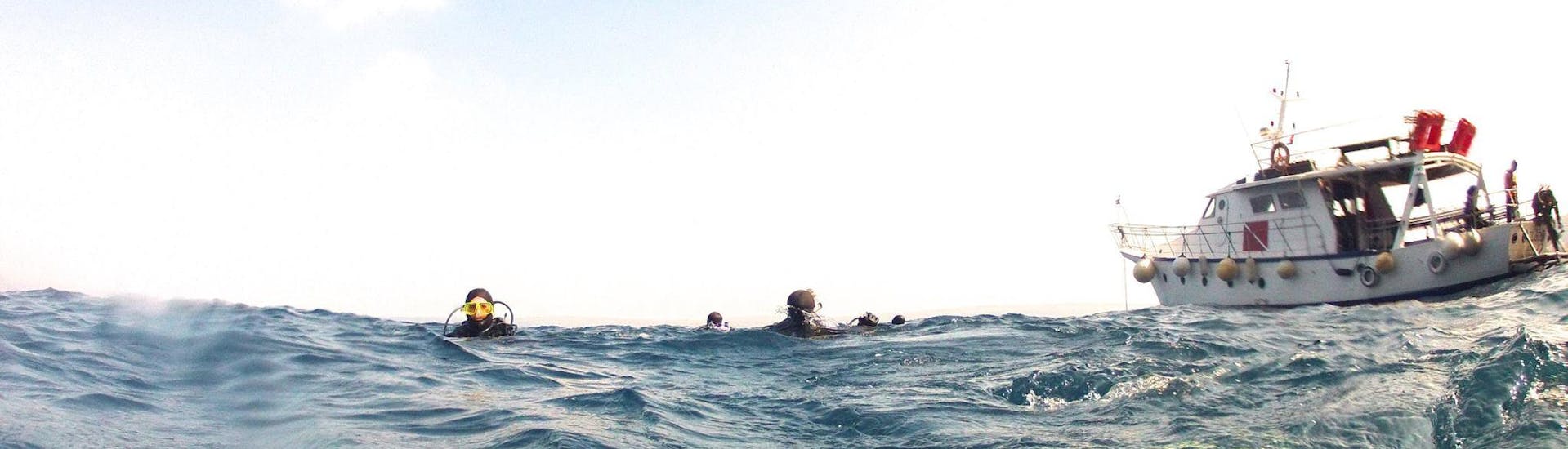 Participants swim in the water in front of the boat during a trial dive in the Kvarner Bay with Dive Center Krk.