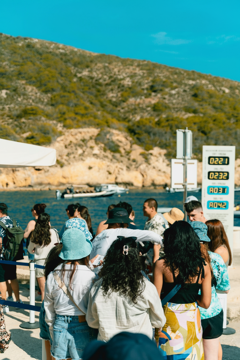 Op een zonnige dag staat een groep mensen in de rij voor de boottocht langs de 6 eilanden vanuit Split, inclusief de Blauwe Grot en Hvar, georganiseerd door Toto Travel Split.