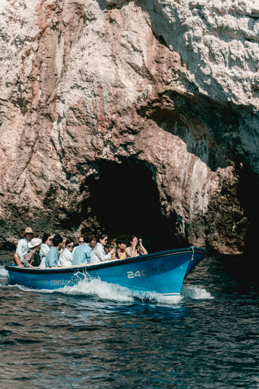 Un gruppo di turisti a bordo di una piccola imbarcazione blu entra in una grotta marina durante un'escursione in barca alle 6 isole con partenza da Spalato, che include la Grotta Azzurra e Hvar, organizzata da Toto Travel Split.