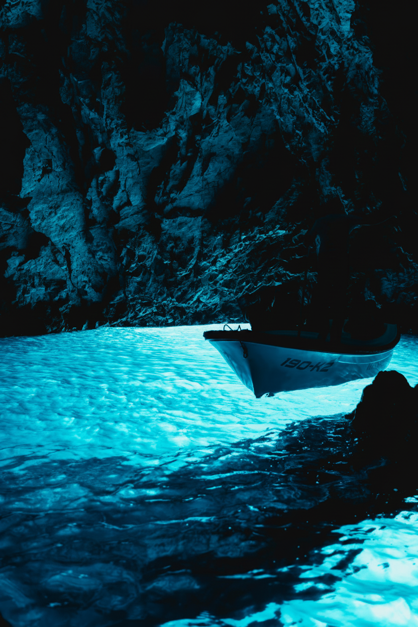 Een klein bootje van Toto Travel Split ligt aangemeerd op het helder turkooizen water in de Blauwe Grot, een belangrijke attractie tijdens de boottocht langs de 6 eilanden vanuit Split.