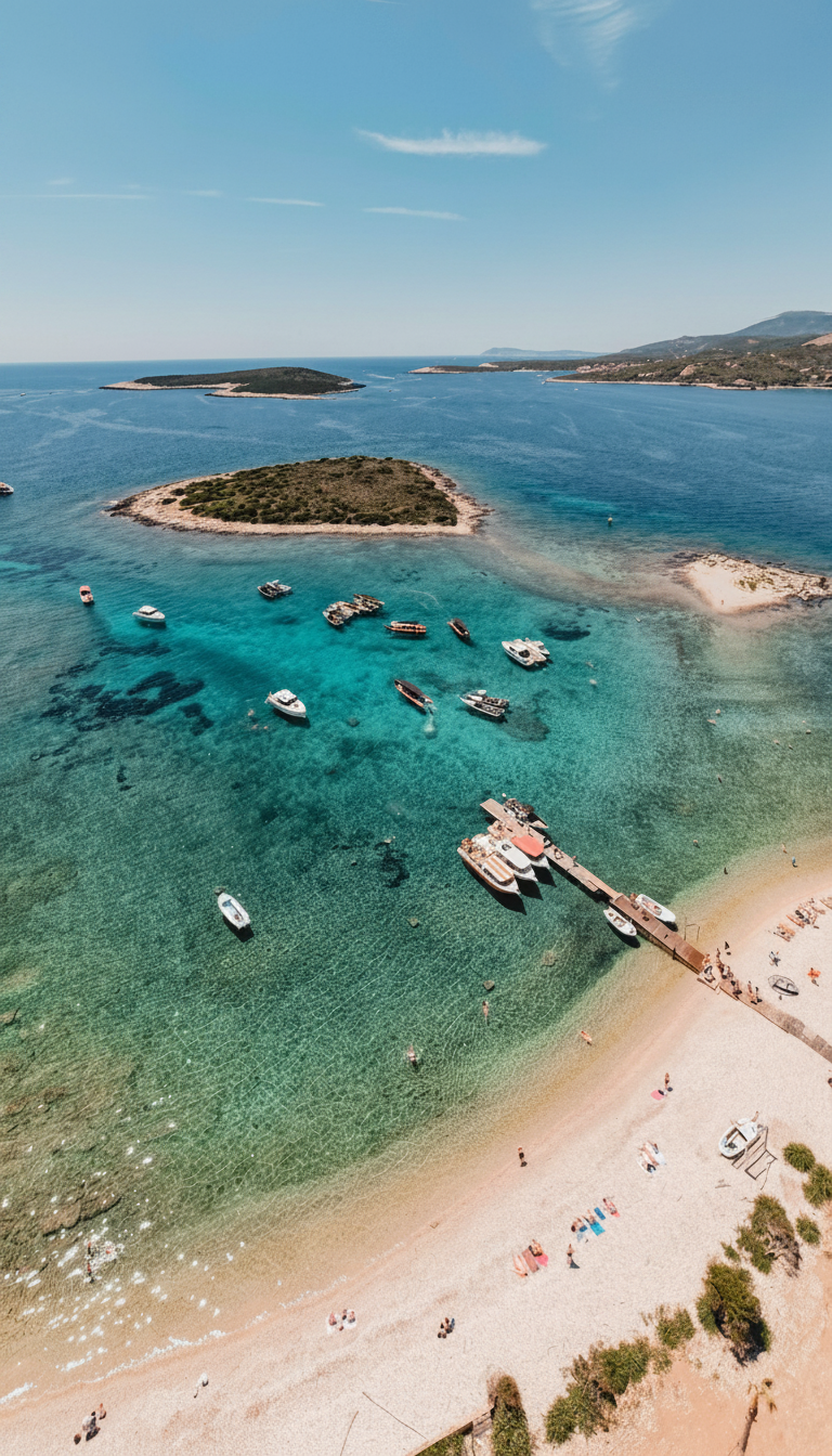 Una vista aerea di imbarcazioni nelle acque turchesi di un'isola croata durante l'escursione in barca alle 6 isole con partenza da Spalato, che include la Grotta Azzurra e Hvar, organizzata da Toto Travel Split.