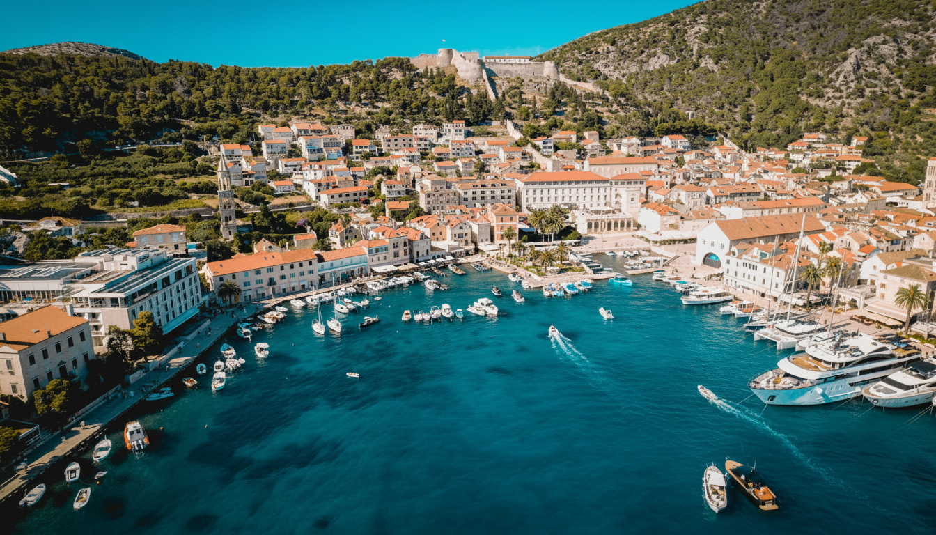 Een luchtfoto van de historische stad Hvar en haar levendige haven, een belangrijke bestemming tijdens de boottocht langs de 6 eilanden vanuit Split, georganiseerd door Toto Travel Split.