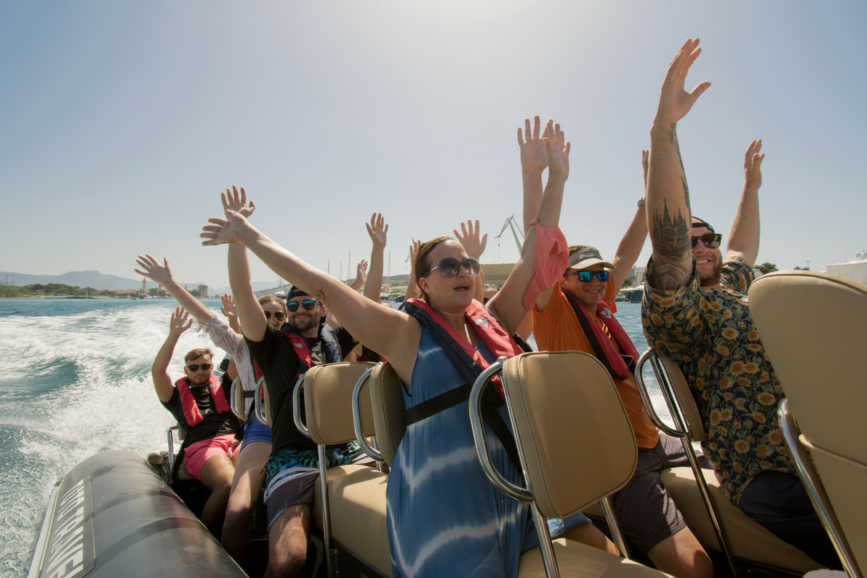 A group of excited tourists raise their hands in the air on a speedboat during the 3 Islands and Blue Lagoon Boat Trip from Split with Toto Travel Split.