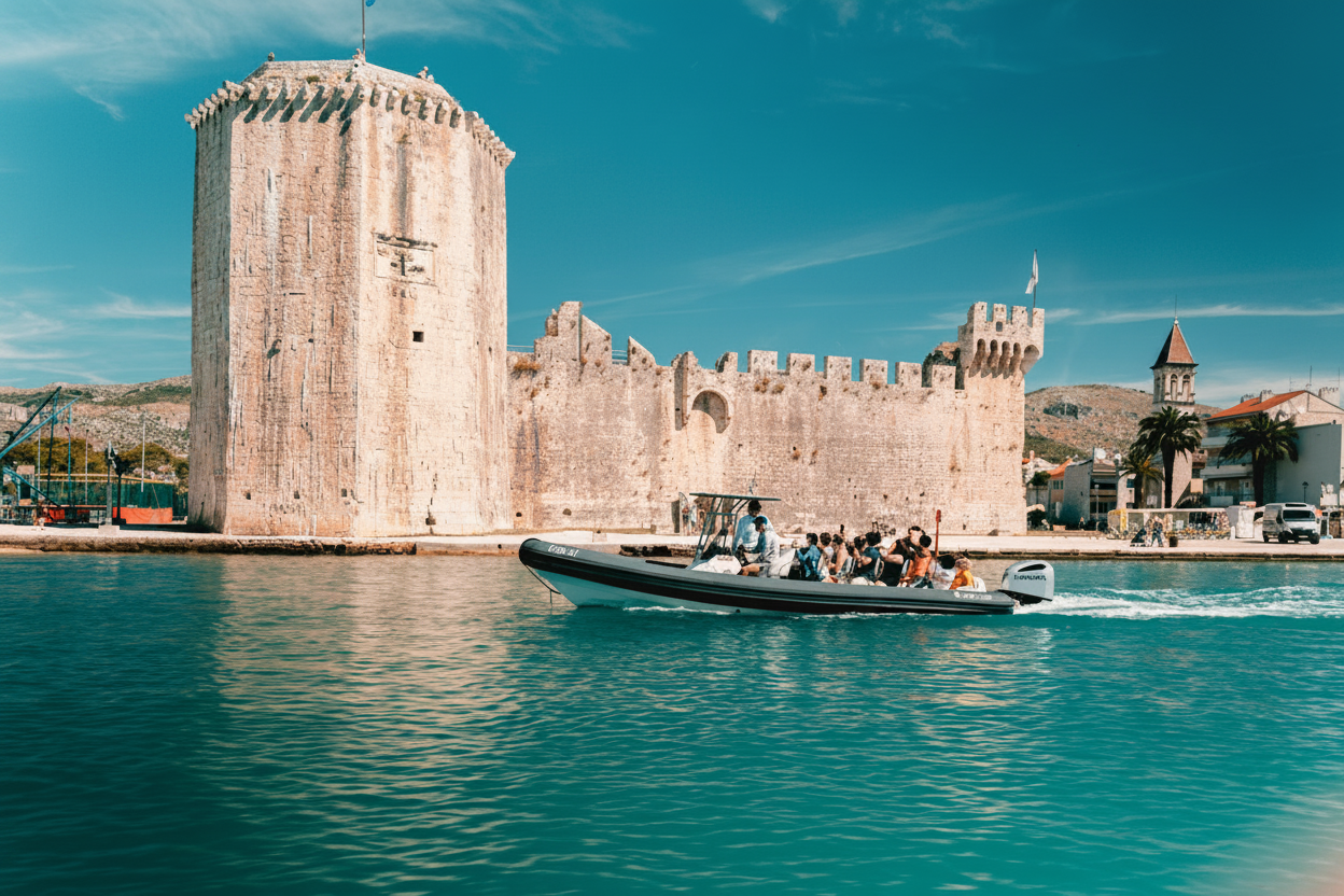 A group of tourists on a speedboat cruise past a historic stone fortress during their 3 Islands and Blue Lagoon Boat Trip from Split with Toto Travel Split.