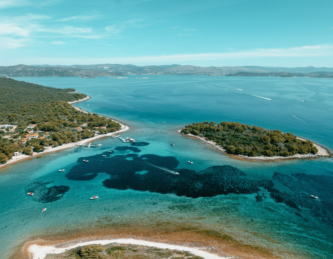 An aerial view shows boats sailing in the clear turquoise water between lush green islands on the 3 Islands and Blue Lagoon Boat Trip from Split with Toto Travel Split.