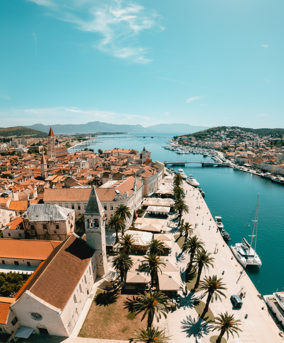 Aerial view of a historic Croatian town with red-roofed buildings and a bustling waterfront, a scenic highlight of the 3 Islands and Blue Lagoon Boat Trip from Split by Toto Travel Split.