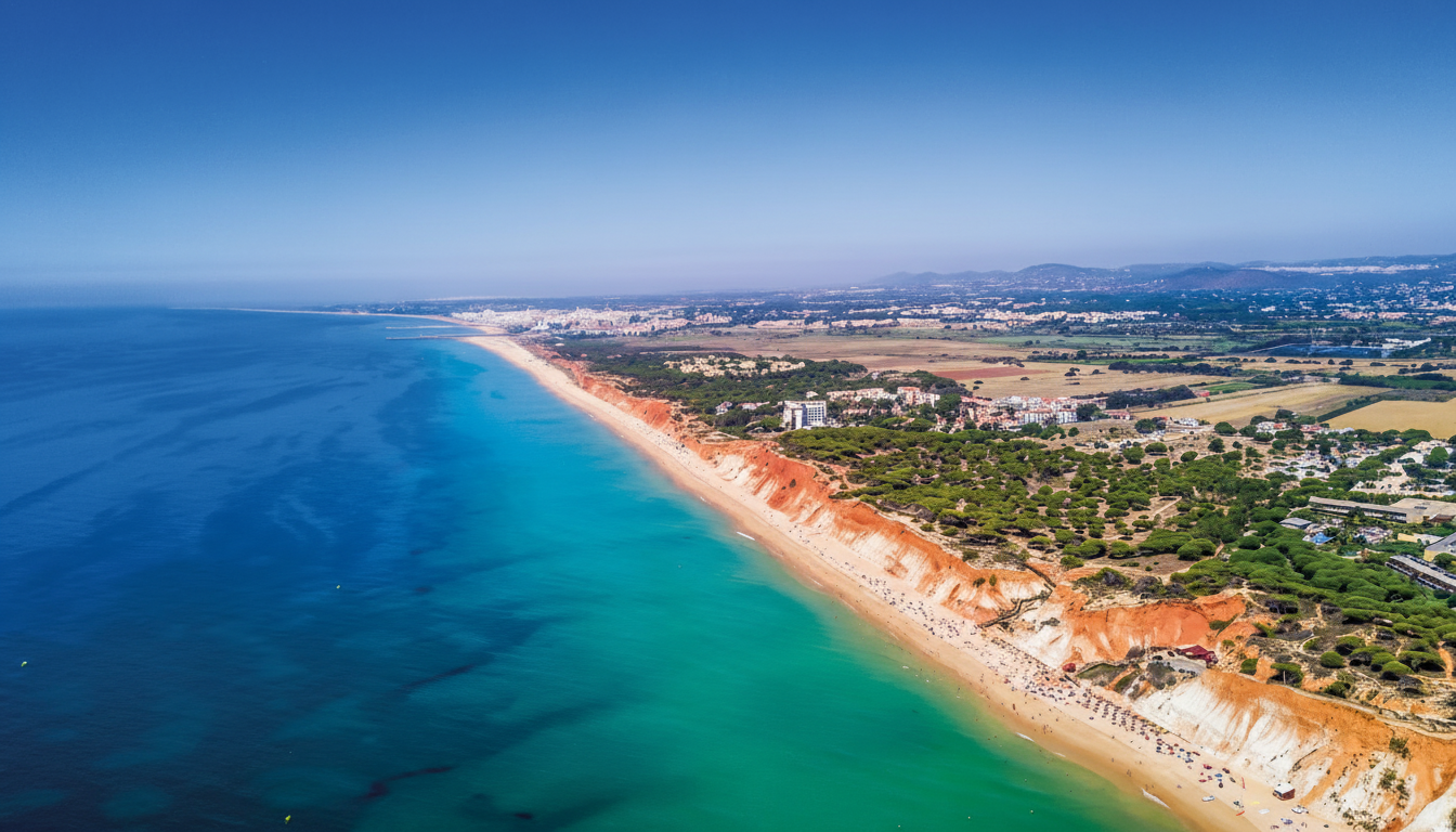 Una vista aerea della costa dell'Algarve con le sue scogliere rosse e le acque turchesi, ripresa durante l'escursione in barca "Grotte e costa di Benagil" da Vilamoura con AlgarExperience.