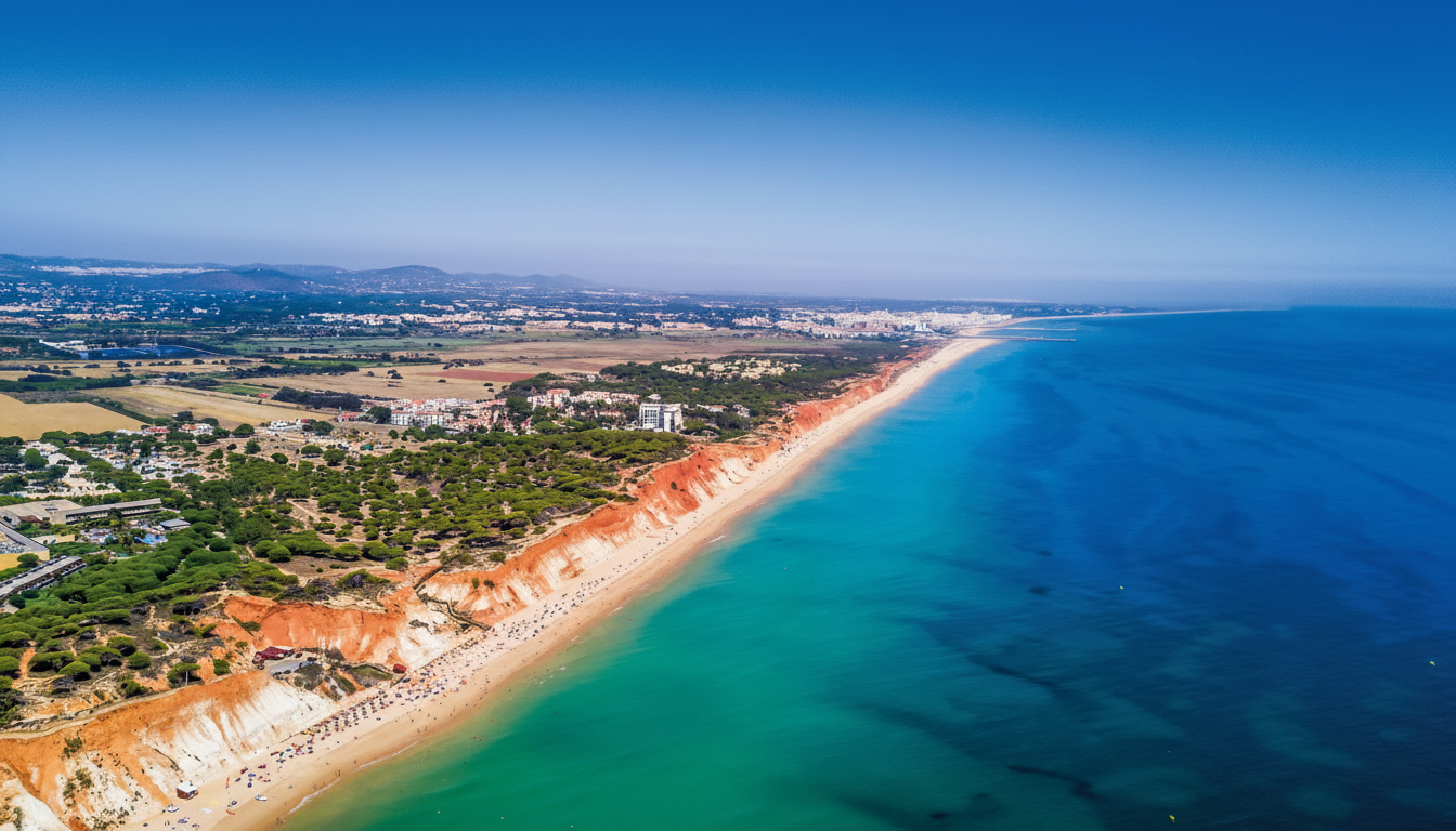 Luftaufnahme der atemberaubenden Küste von Vilamoura mit ihren roten Klippen und goldenen Stränden, ein Highlight der Brunch &amp; Benagil Caves with Open Bar Tour von AlgarExperience.