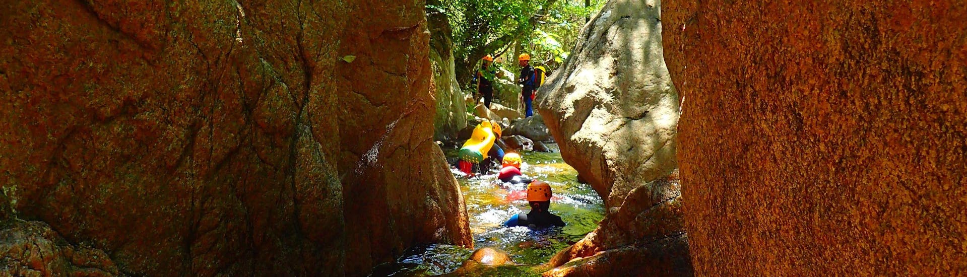 A family is swimming in the canyon du Baracci during the Canyoning Discovery with Canyon Corse.