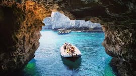 Our speedboat is leaving one of the grottos of the Blue Lagoon during the Speedboat Trip to Comino including the Blue Lagoon with Oki-Ko-Ki Banis Watersports St Julian's.