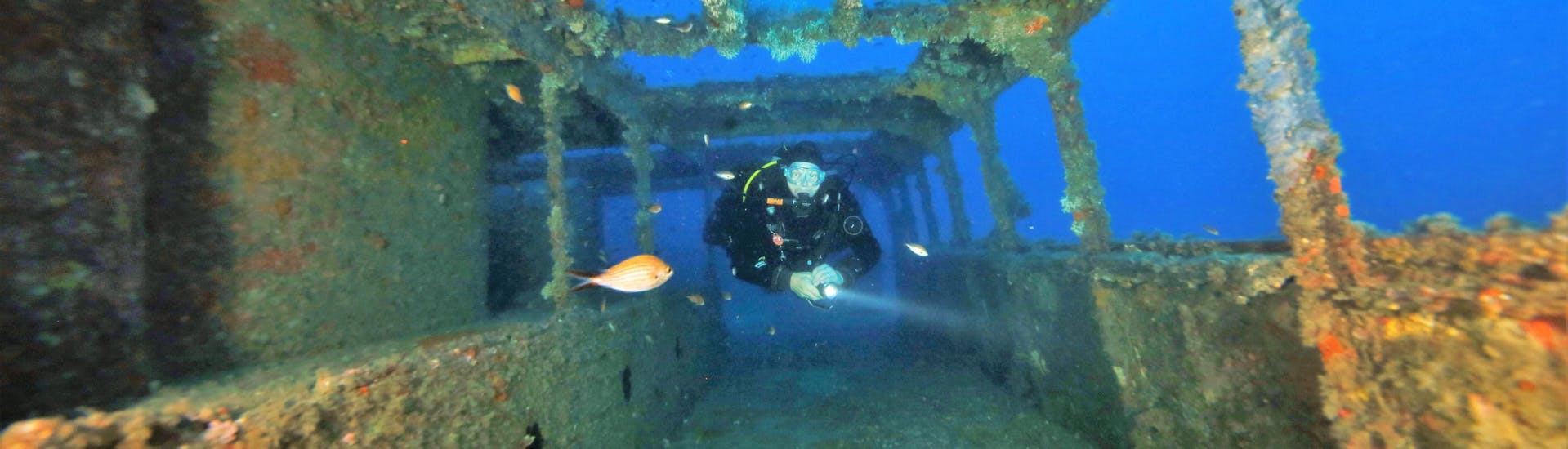 A diver is exploring a shipwreck in Malta during one of the Guided Boat & Shore Dives from Saint Paul's Bay with Octopus Garden.