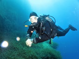 Un sub sta esplorando l'affascinante mondo sottomarino di Malta durante la sua immersione di prova per principianti nella Saint Paul's Bay, organizzato dall'Octopus Garden Diving Center Malta.