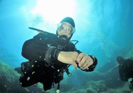 A diver is exploring the fascinating underwater world of Malta during his Trial Scuba Diving for Beginners at Saint Paul's Bay which is organized by Octopus Garden Diving Centre in Malta.