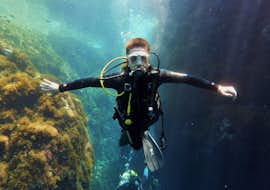 Guided Dives from Port d'Andratx for Certified Divers with Balear Divers. A diver swimming between rocks during Guided Dives from Port d'Andratx for Certified Divers with Balear Divers.