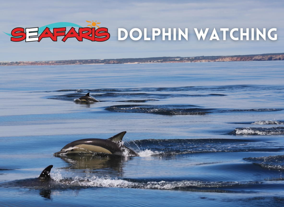 Een groep gewone dolfijnen zwemt in de oceaan voor de kust van de Algarve tijdens een dolfijnenexcursie met een mariene bioloog als gids van Dolphin Seafaris Algarve.