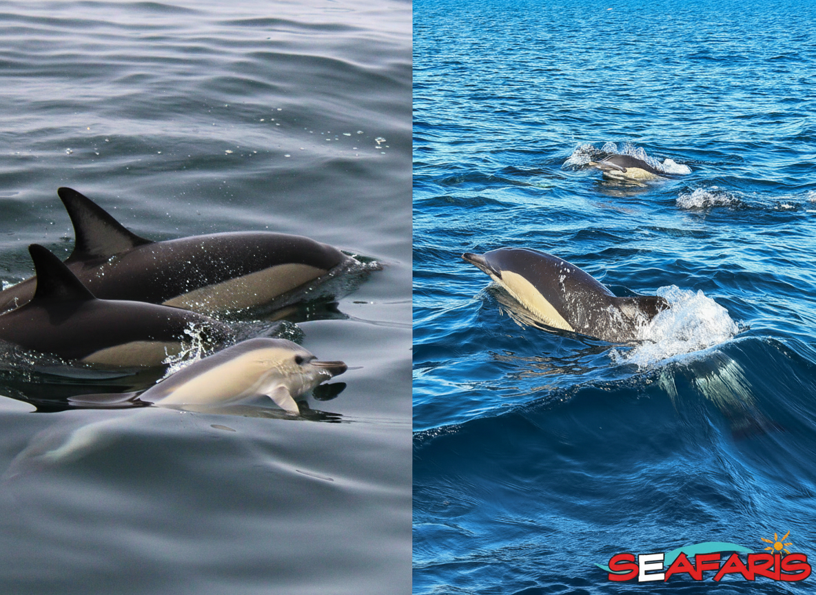 Un branco di delfini comuni, tra cui un cucciolo, emerge dalle acque blu dell'Oceano Atlantico durante un'escursione di avvistamento delfini a Lagos con Dolphin Seafaris Algarve.