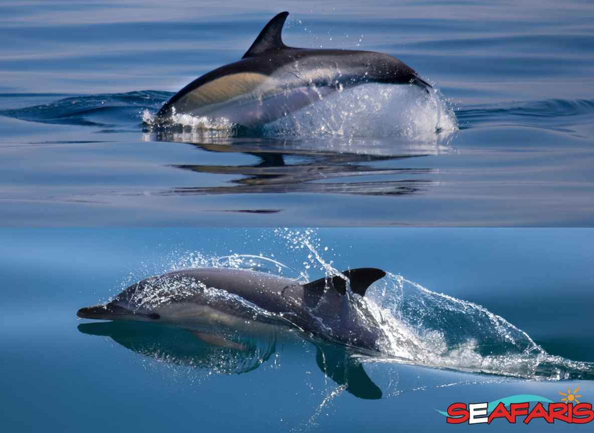Twee gewone dolfijnen zwemmen en spetteren in de kalme blauwe oceaan tijdens een Lagos: Dolfijnenexcursie met gids en mariene bioloog, georganiseerd door Dolphin Seafaris Algarve.