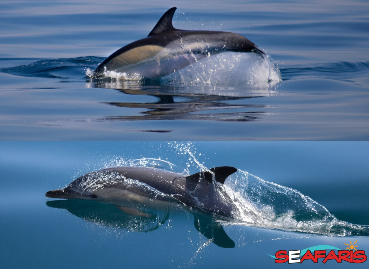 Two dolphins leap from the blue water during a dolphin watching with marine biologist tour with Dolphin Seafaris Algarve.