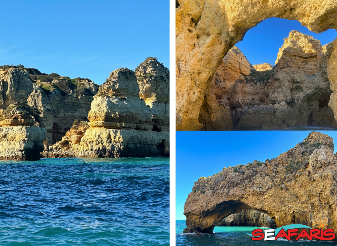 Le suggestive grotte marine e le formazioni rocciose di Ponta da Piedade si esplorano in barca con il tour in barca Lagos: Ponta da Piedade Caves Boat Tour with Dolphin Seafaris Algarve.