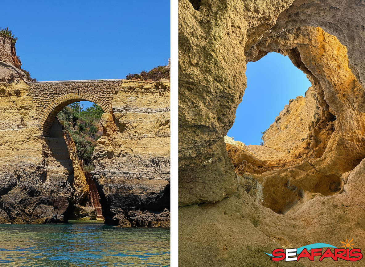 De adembenemende gouden kliffen en de historische stenen brug van Ponta da Piedade zijn vanaf het water te bewonderen tijdens een boottocht van Lagos naar de grotten van Ponta da Piedade met Dolphin Seafaris Algarve.