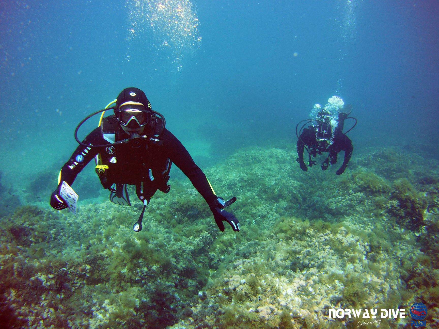 Participant scuba diving in the Torrenova Coastline posing for the photo during an activity by Norway Dive Mallorca.