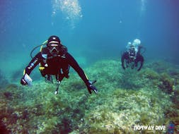 Ein Teilnehmer beim Tauchen an der Torrenova-Küste posiert für das Foto während einer Aktivität von Norway Dive Mallorca.
