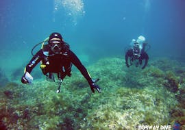 Participant scuba diving in the Torrenova Coastline posing for the photo during an activity by Norway Dive Mallorca.