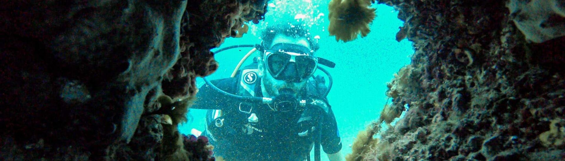 Deelnemer duikt in de Torrenova kustlijn en poseert voor de foto tijdens een activiteit van Norway Dive Mallorca.