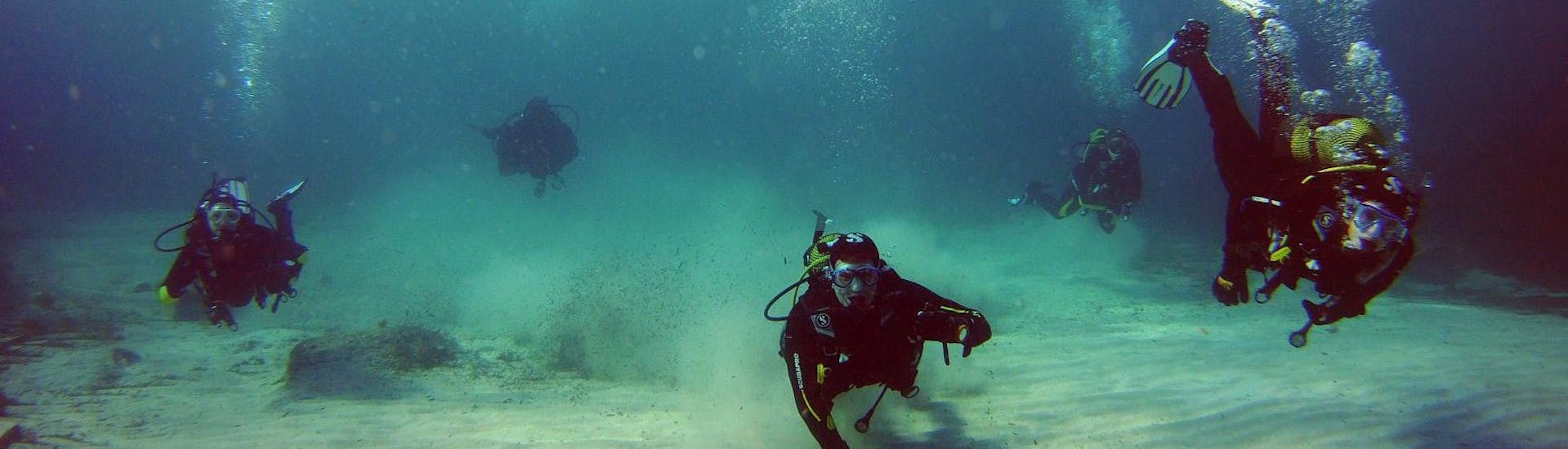 Deelnemer duikt in de Torrenova kustlijn en poseert voor de foto tijdens een activiteit van Norway Dive Mallorca.
