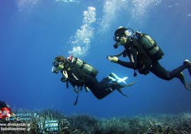 Des personnes font un Baptême de plongée à Akrotiri pour Débutants avec Santorini Diving Center.
