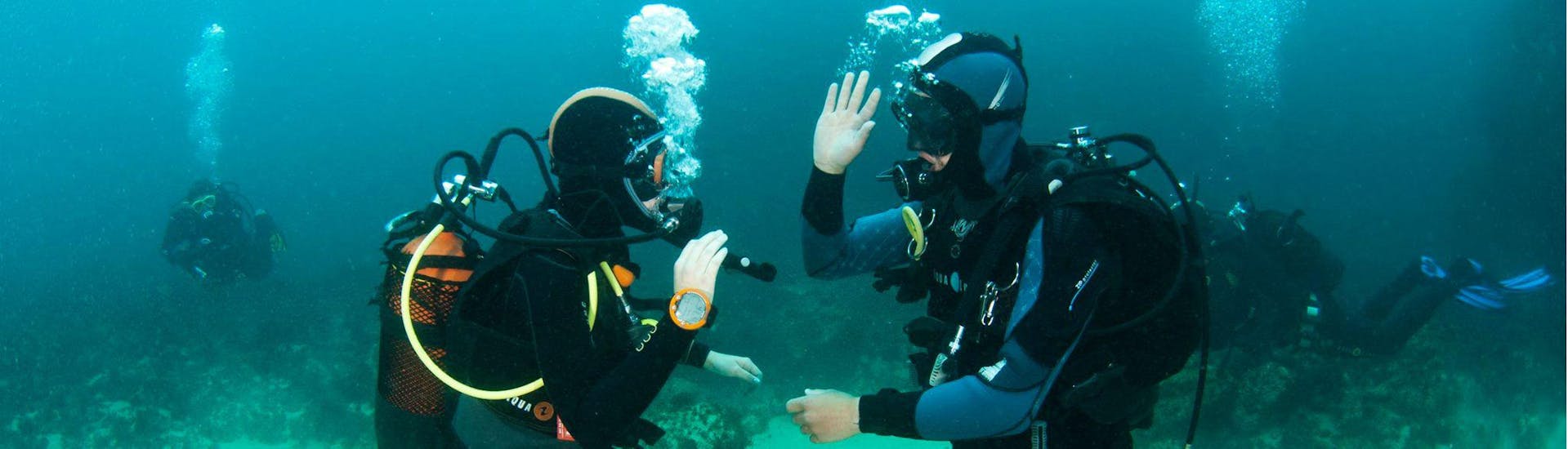 Two divers waving at eachother during the scuba diving course for beginners - PADI Scuba Diver with Haliotis Peniche.