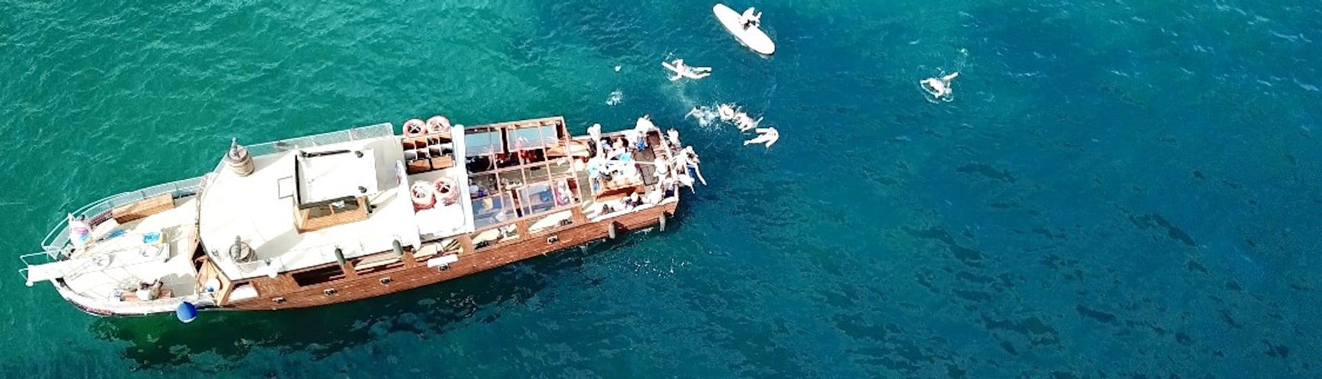 A view of our boat during a Pirate Boat Trip from Pollença with Snorkeling, SUP & Paella with Robinson Boat Trips.