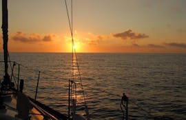 La barca naviga verso l'alba durante il giro in catamarano da Pollensa con avvistamento delfini organizzata da Robinson Boat Trips.