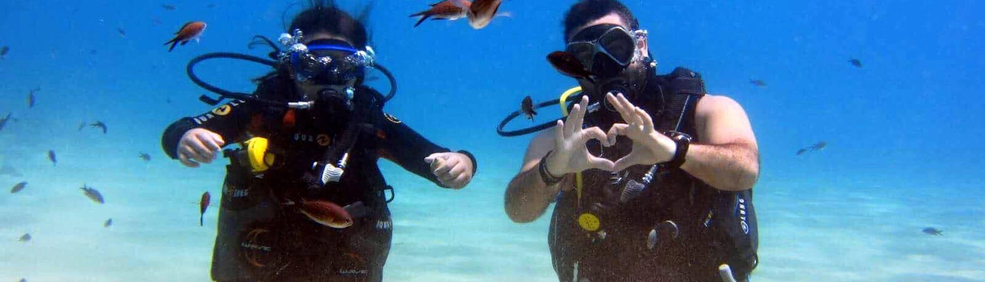 Two divers enjoying their first experience under water on their Trial Scuba Diving Course for Beginners - Discover Scuba together with an experienced instructor from Evelin Dive Center.