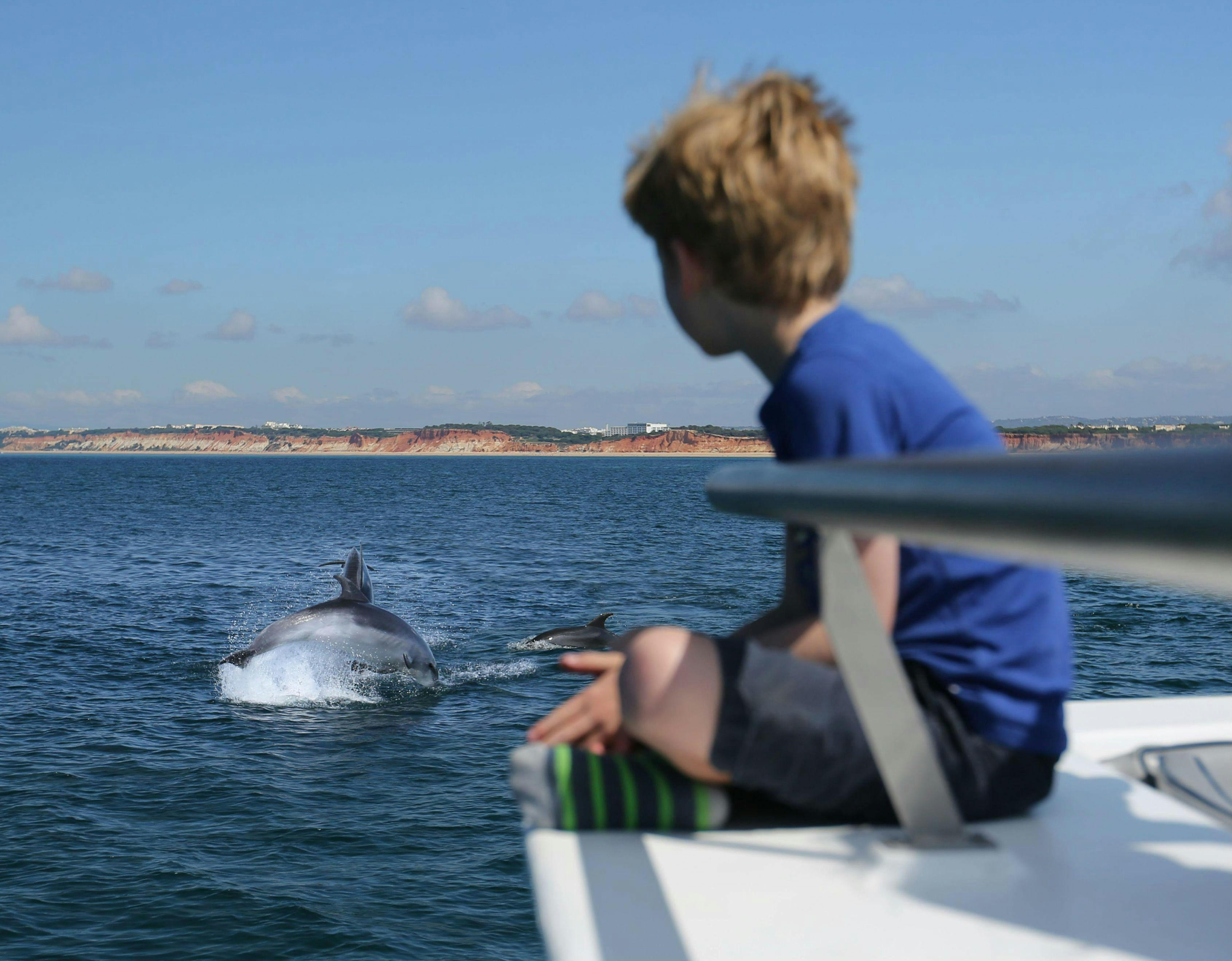 Paseo en barco con avistamiento de delfines en catamarán en Vilamoura con Ocean Quest Algarve Durante un tour en catamarán desde Vilamoura, un niño pequeño observa delfines saltando mientras se relaja a bordo de un moderno catamarán de Ocean Quest.