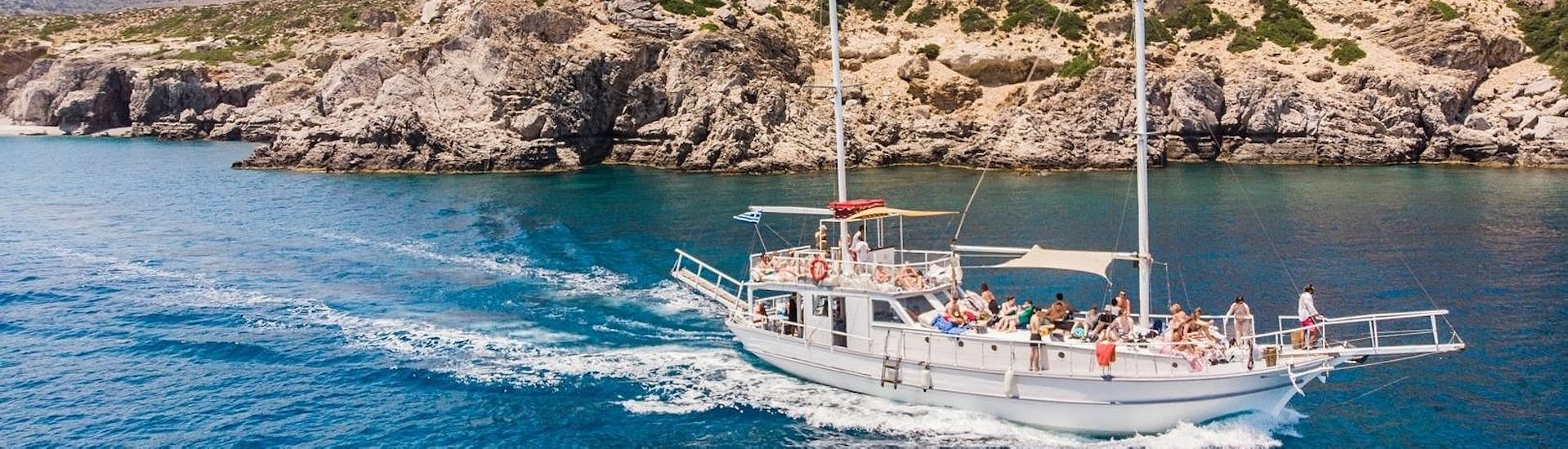 Picture of a sailing boat cruising along the Coast of Rhodes with Snorkeling with Romantika Rhodes Day Cruise.